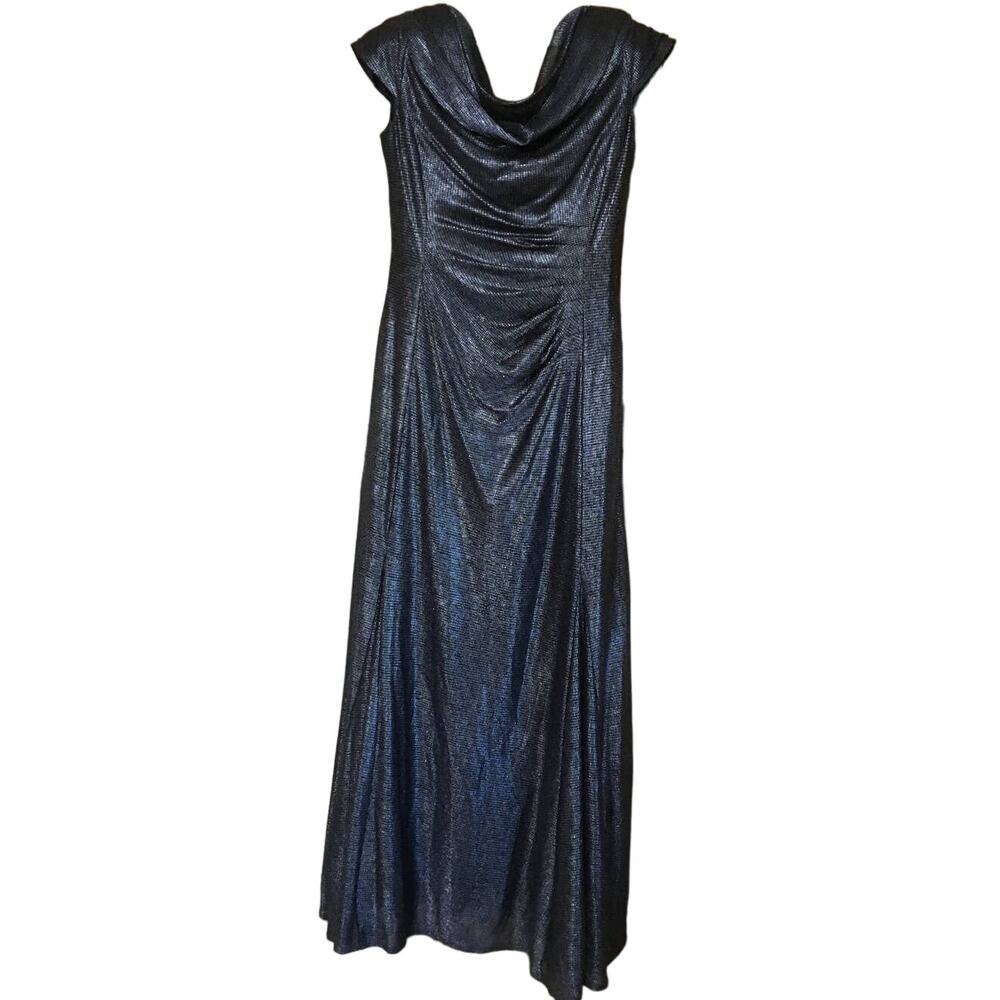 Tahari Author S Levine Size 12 Metallic Black & Blue Lined Maxi Dress Cowl Neck